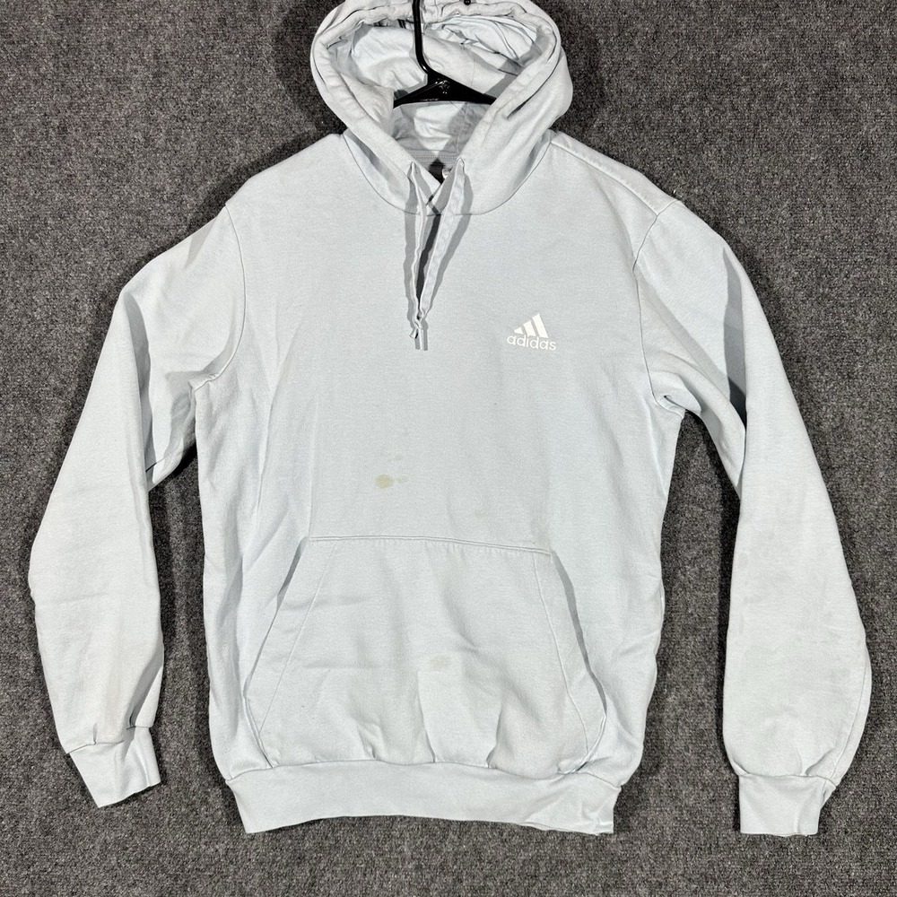 Adidas Mens Pullover Hoodie Medium Light Blue Embroidered Logo Fleece Sweatshirt
